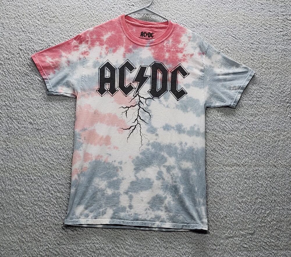 AC/DC T-Shirt Tie Dye Mens Small Red Gray Graphic Lightning Bolt Band Tee 2021